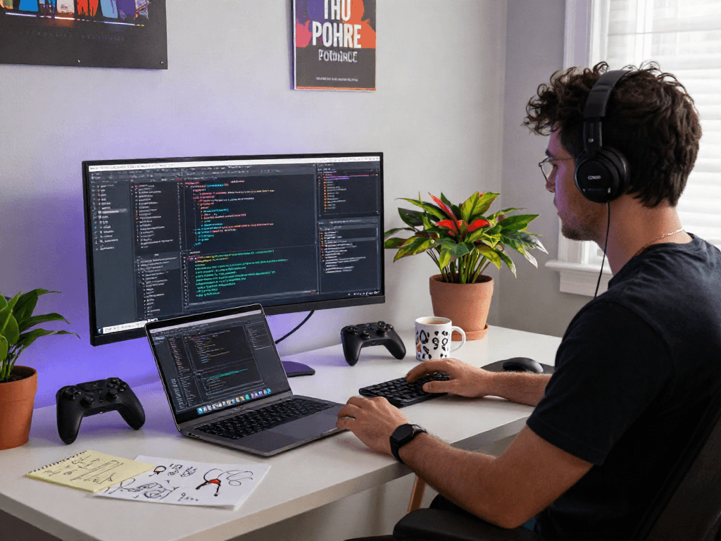 Développeur dans un bureau moderne avec Iron tv pro affiché sur l'écran, ambiance lumineuse et accessoires technologiques.