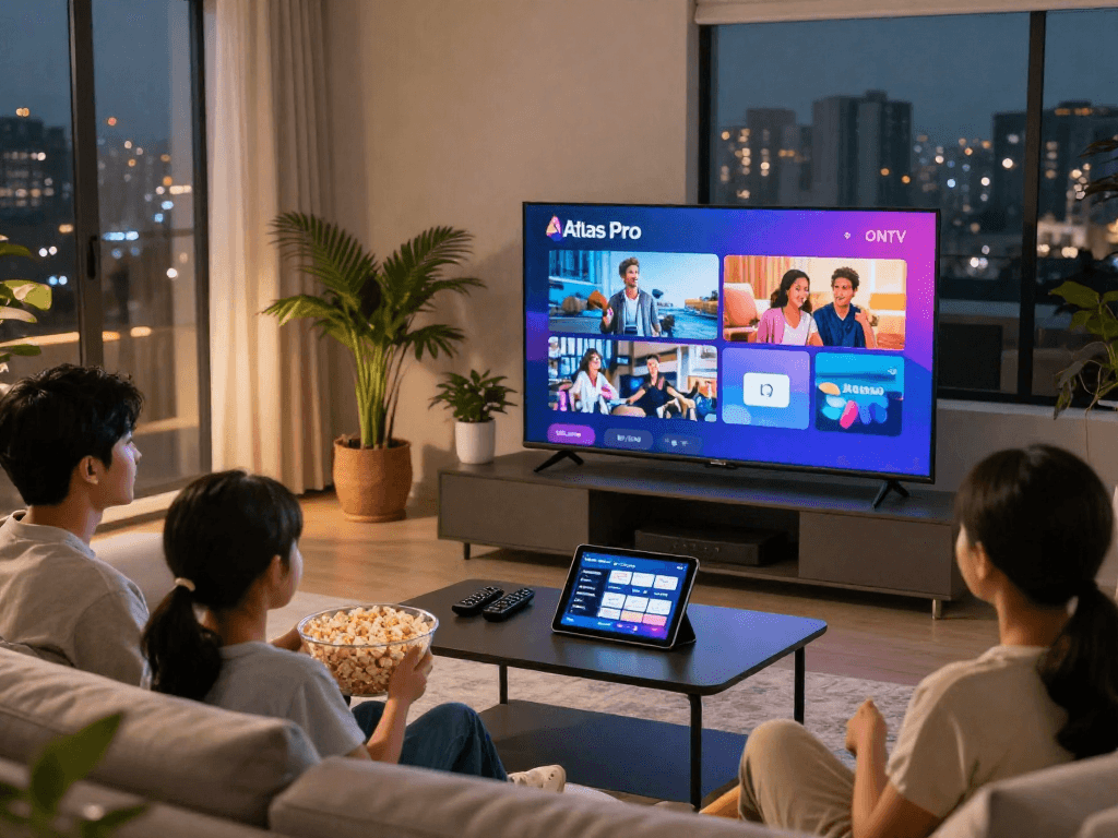 Famille profitant d'Atlas Pro ONTV sur une TV HD, ambiance chaleureuse.