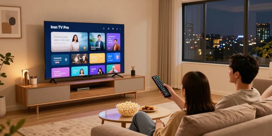Regardez Iron TV Pro sur un téléviseur intelligent pendant une soirée cinéma.
