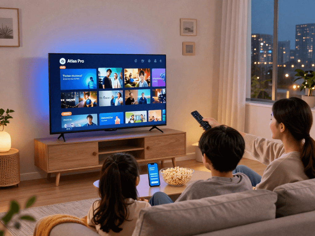 Soirée cinéma en famille avec Atlas Pro sur Smart TV.