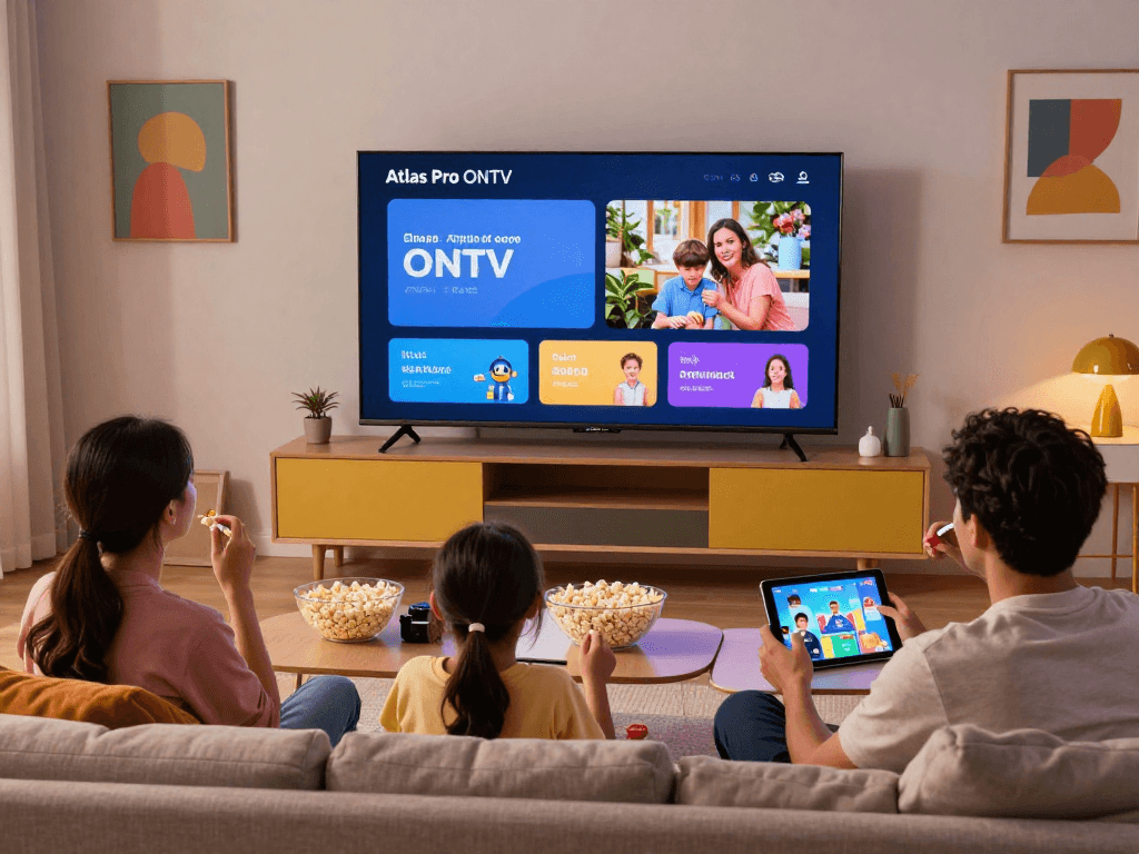 Regardez Atlas pro ontv sur un grand écran avec la famille réunie dans un salon confortable.