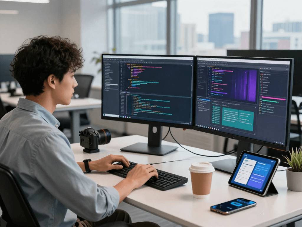 Développeur chez Atlas pro dans un bureau moderne, avec code à l'écran et ambiance productive.