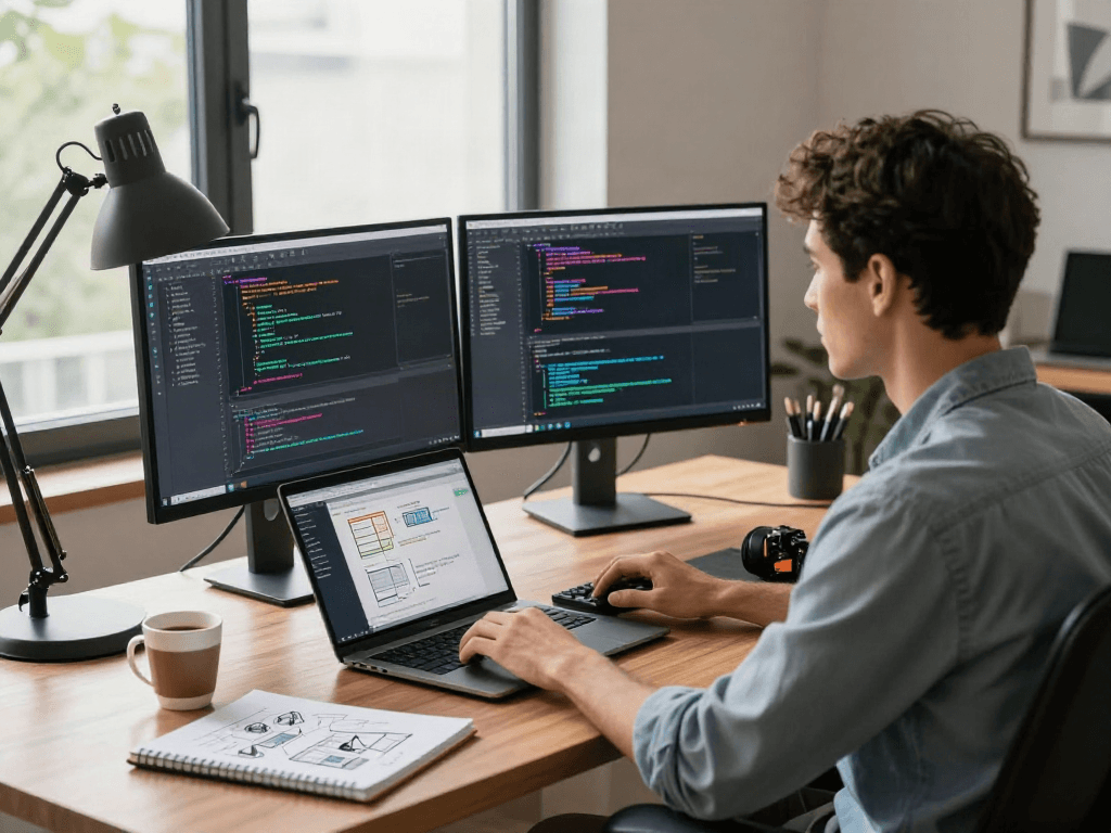 Développeur utilisant Atlas pro ontv dans son bureau moderne avec écran de code et éléments de productivité.