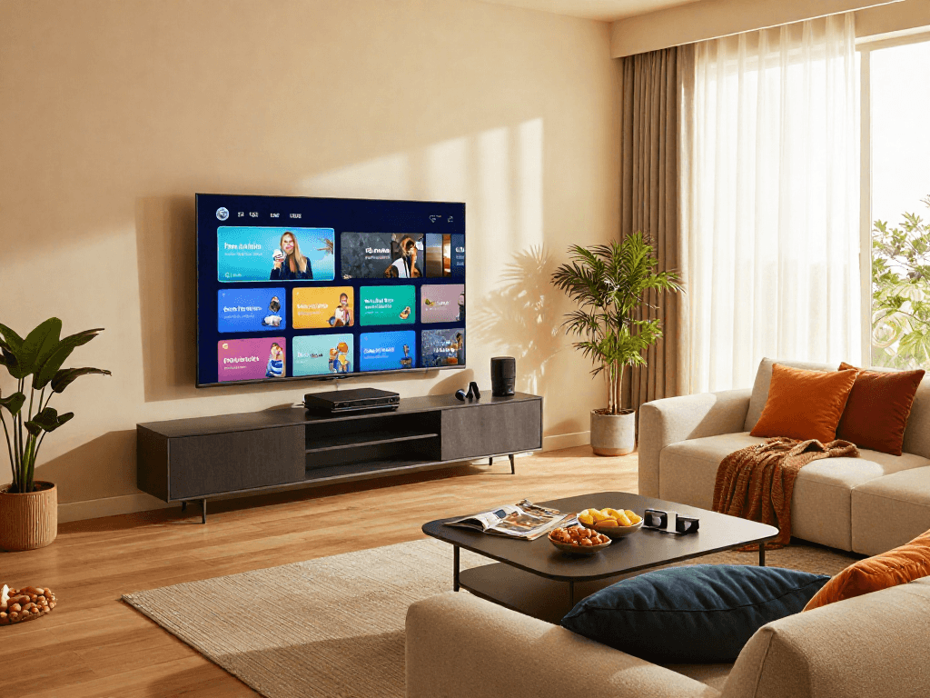 Ambiance d'un salon moderne avec un Iron tv pro affichant des options de streaming, lumière naturelle.