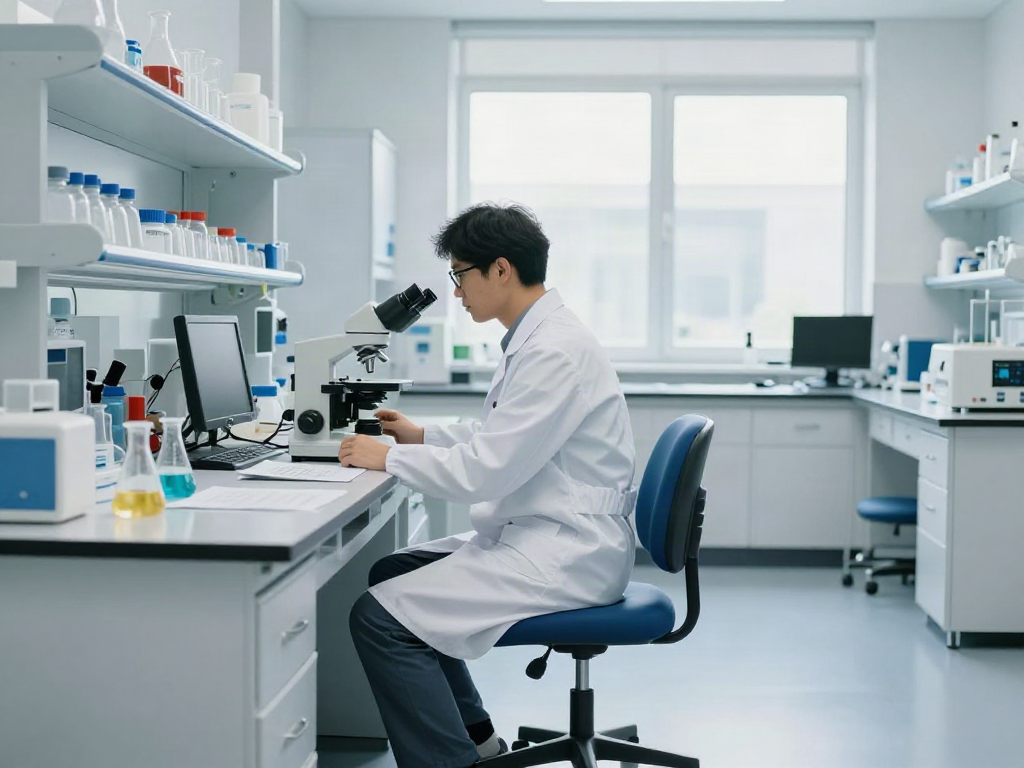 Siège de laboratoire résistant aux produits chimiques utilisé par un chimiste dans un environnement de travail moderne et lumineux.