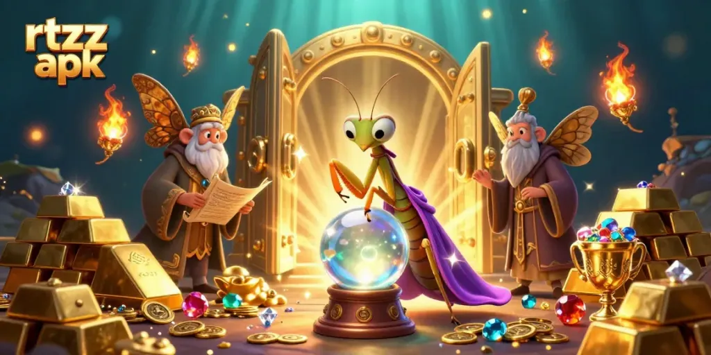 Engage in the fantasy of rtzz apk with vibrant characters and golden treasures in this 3D casino scene.