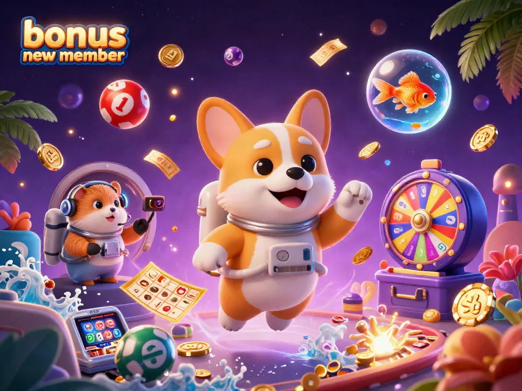 Engage with the bonus new member program through this vibrant casino scene featuring floating characters and dynamic gaming elements.