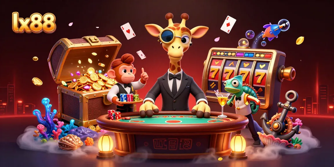 Engage with the lx88 high-roller giraffe in a vibrant casino adventure filled with slot reels and treasure.