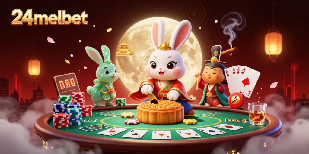 Experience the allure of 24melbet with a vibrant 3D illustration of a folklore-inspired lunar poker scene.
