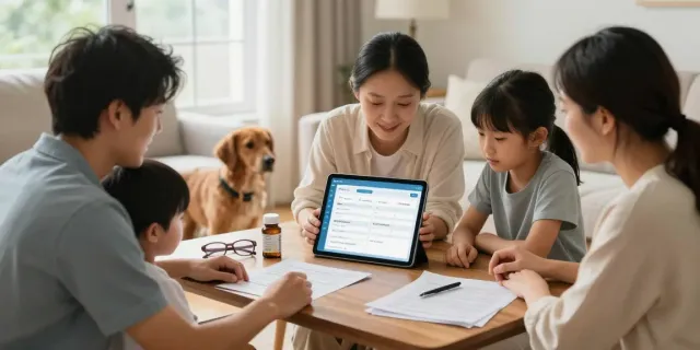 Coordination des soins avec l'application proche aidant, famille réunie autour d'une tablette, ambiance chaleureuse.