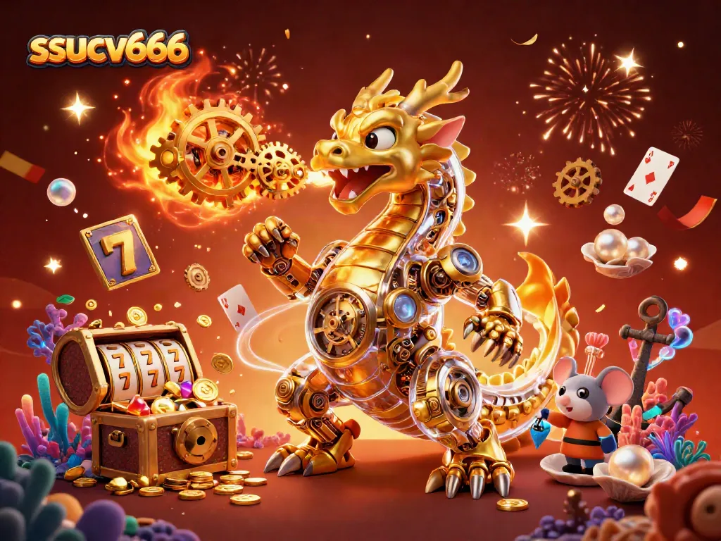 Enter the thrilling fantasy world of ssucv666, showcasing a golden dragon and vibrant slot games.