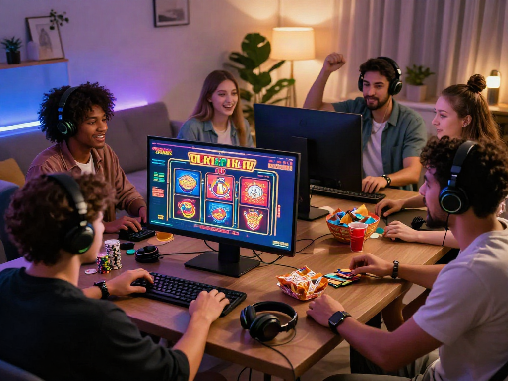 Ami(e)s jouant à des jeux de casinos en ligne dans un salon moderne, ambiance excitante et conviviale.