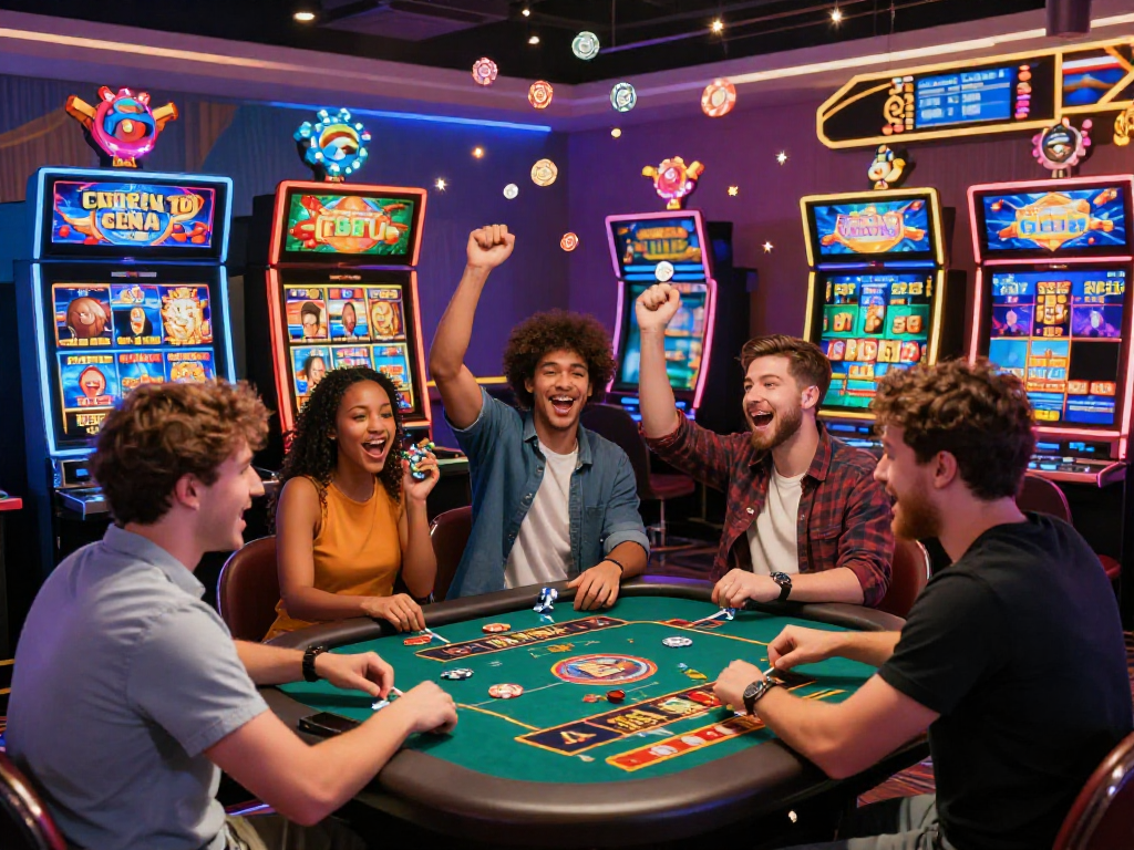 Scène de casino en ligne France avec joueurs enthousiasmés jouant à des machines à sous et des jeux de table, illustrant l'excitation du jeu virtuel.