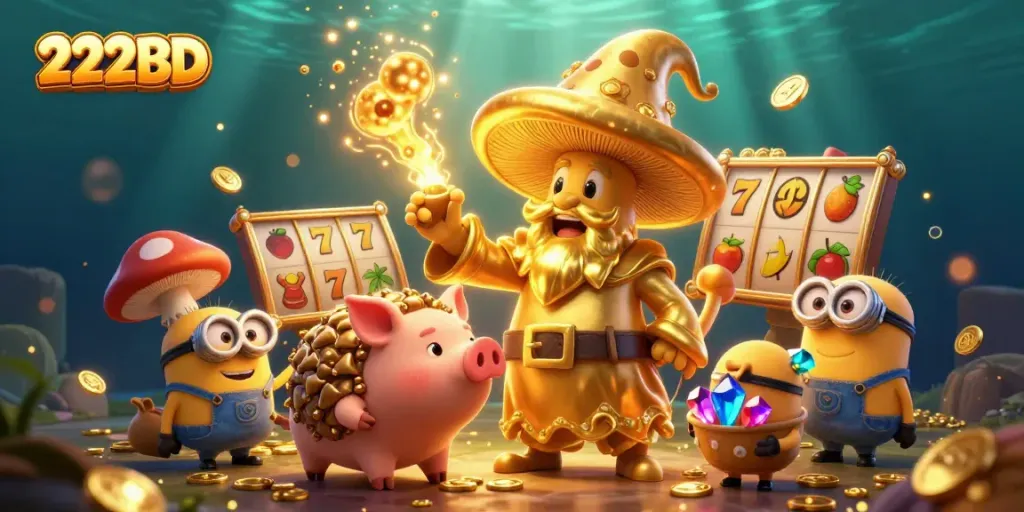 Experience thrilling gameplay with 222BD as a magical wizard reveals treasures in a dynamic casino scene.