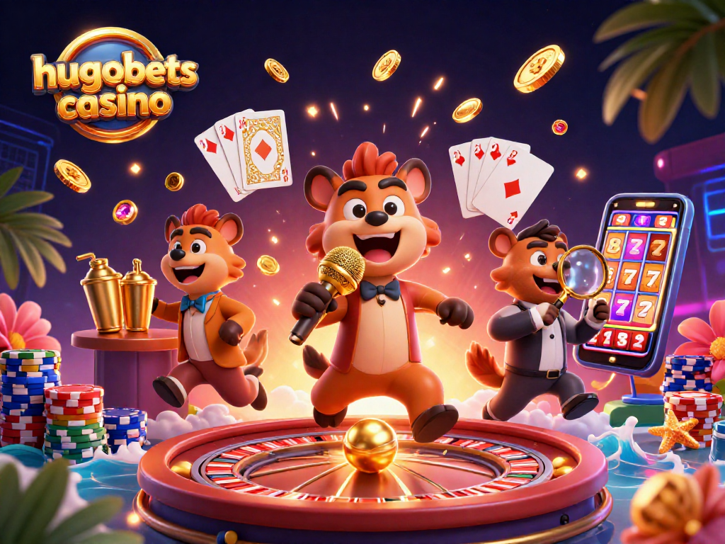 Experience excitement at hugobets casino with animated hyenas in a vibrant comedy club scene.