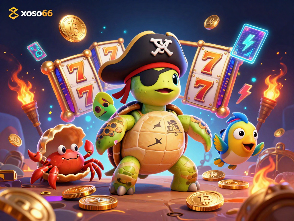 Experience the dynamic world of xoso66 with an engaging scene featuring a pirate turtle and treasures from the casino.