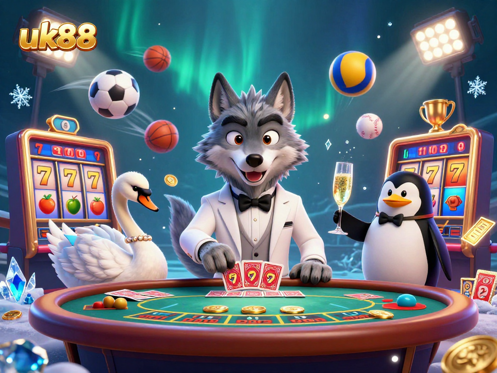 Join the action at uk88's exciting baccarat table, featuring charming characters and dynamic gambling elements.