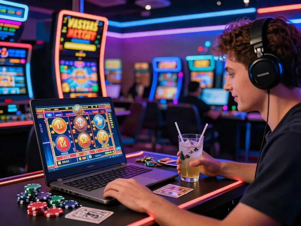 Player enjoying jokacasino games on a laptop with vibrant casino atmosphere.
