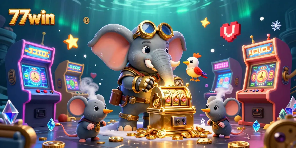 77win engages players with vibrant 3D casino elements like slot machines and colorful arcade games.