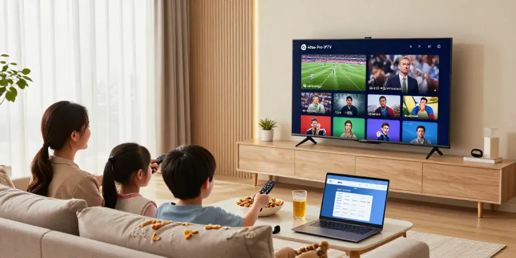 Famille utilisant l'application Atlas Pro IPTV pour le divertissement à domicile