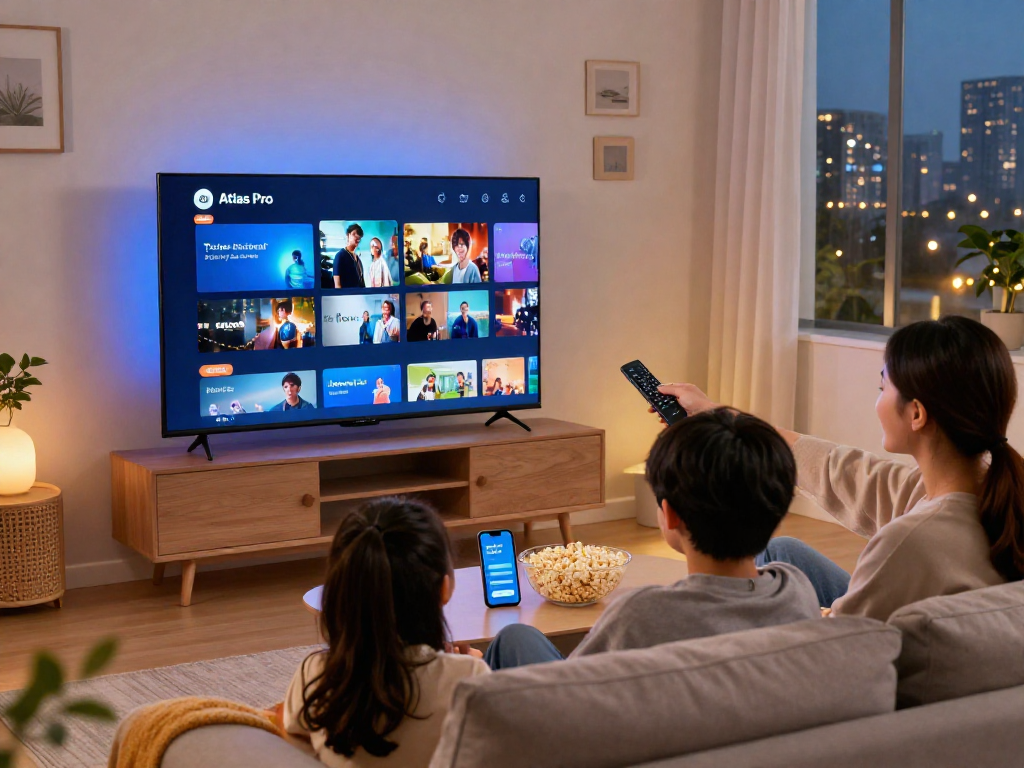 Soirée cinéma en famille avec Atlas Pro sur Smart TV.
