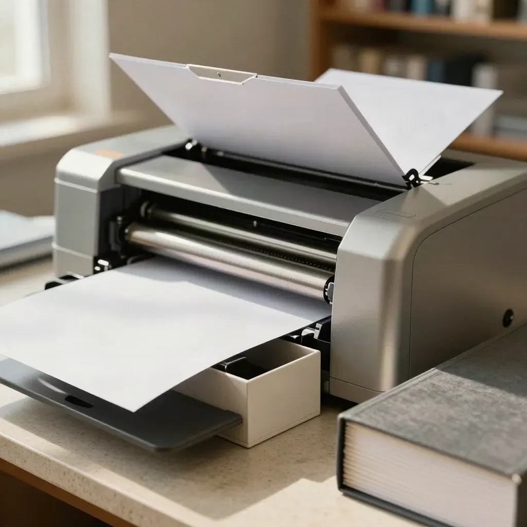 Station de scan d’archives, capot relevé, bacs de sortie et boîtes de conservation.