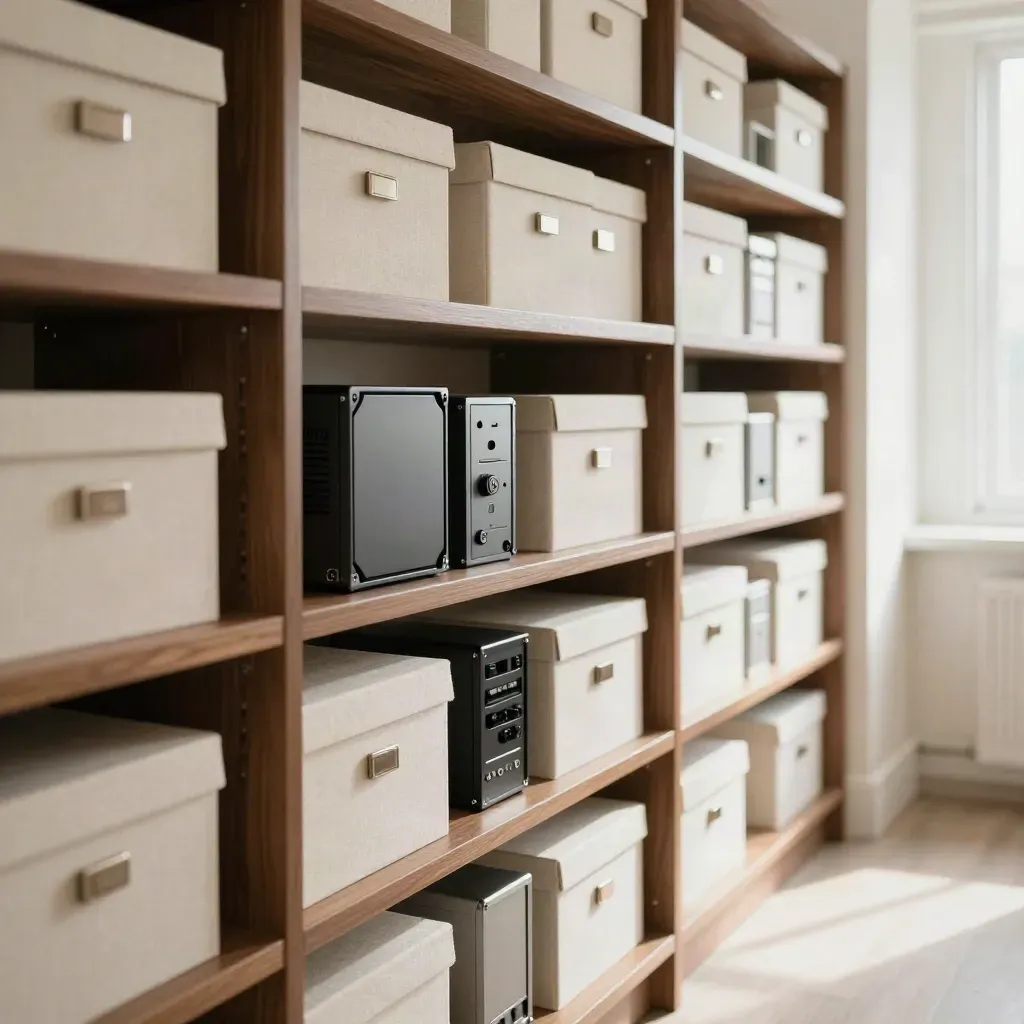 Rayonnage d’archivage numérique avec boîtes, disque chiffré et modules de stockage lumineux.