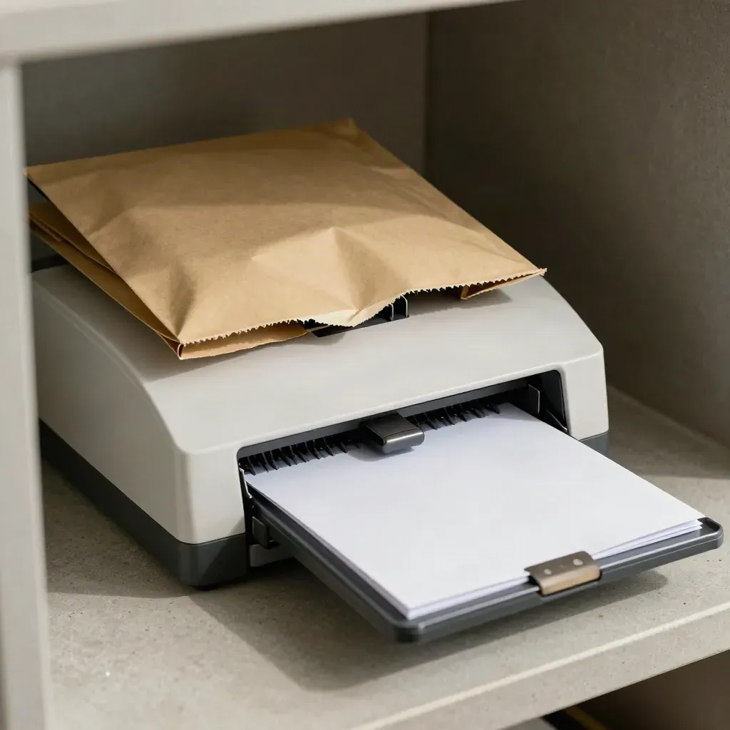 Scanner de documents, pochettes neutres et bac vide dans une lumière cinématographique.