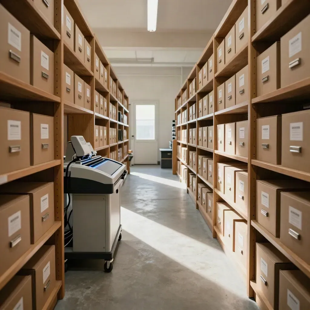 Salle d’archives PME rangée, scanner allumé, boîtes alignées et allée centrale lumineuse.