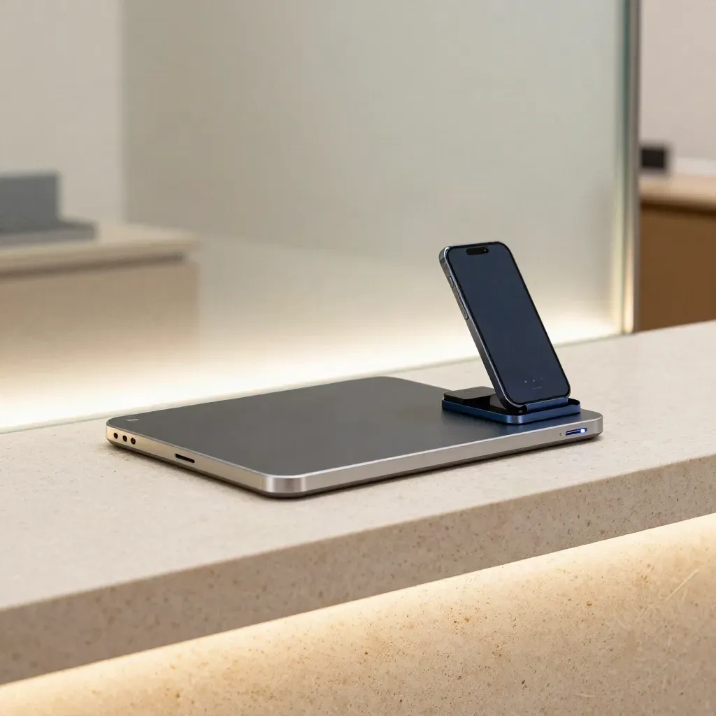 Station de signature électronique avec tablette, lecteur de carte et smartphone sur support sécurisé.
