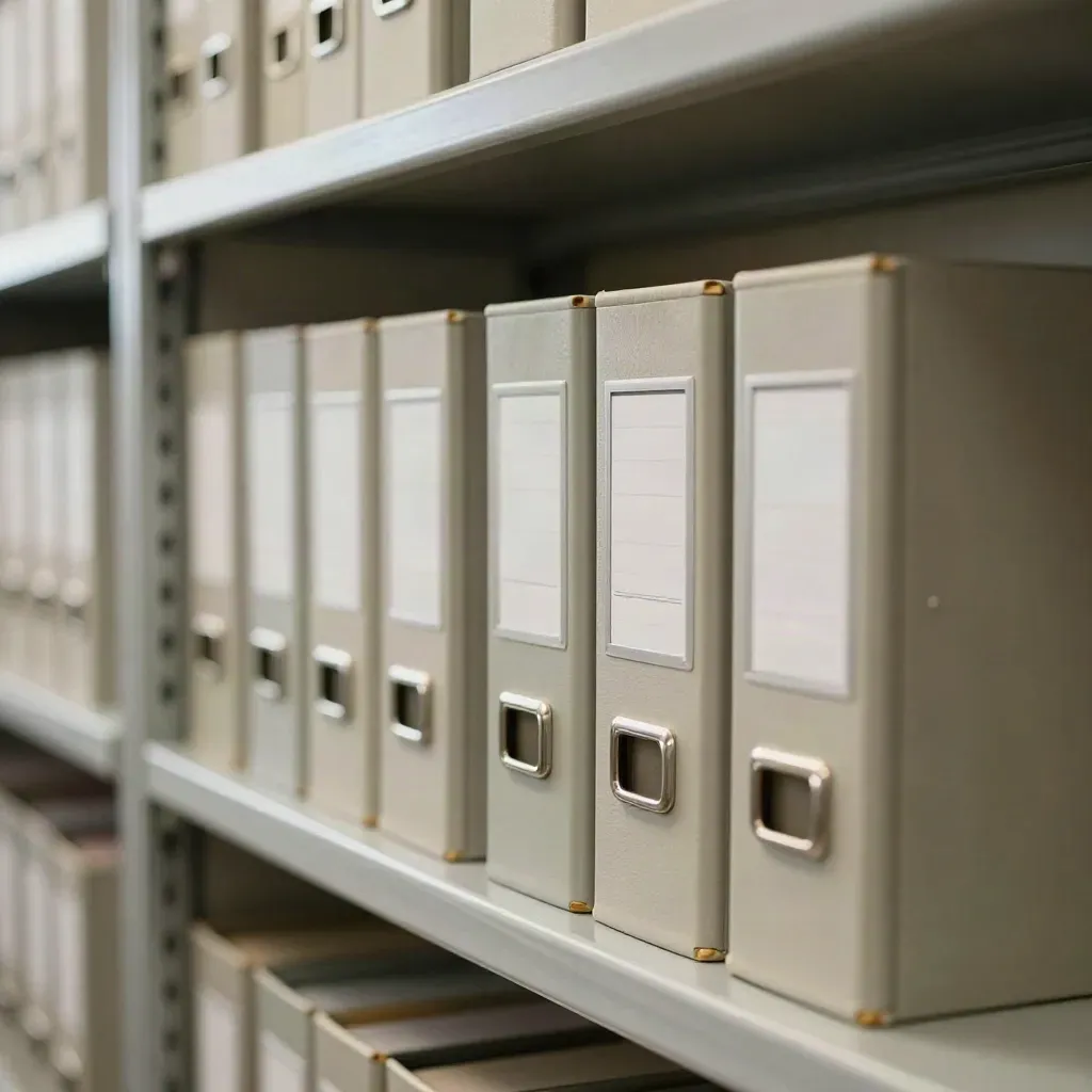 Boîtes d’archives alignées dans une réserve municipale lumineuse, avec bacs de circulation et étagères propres.