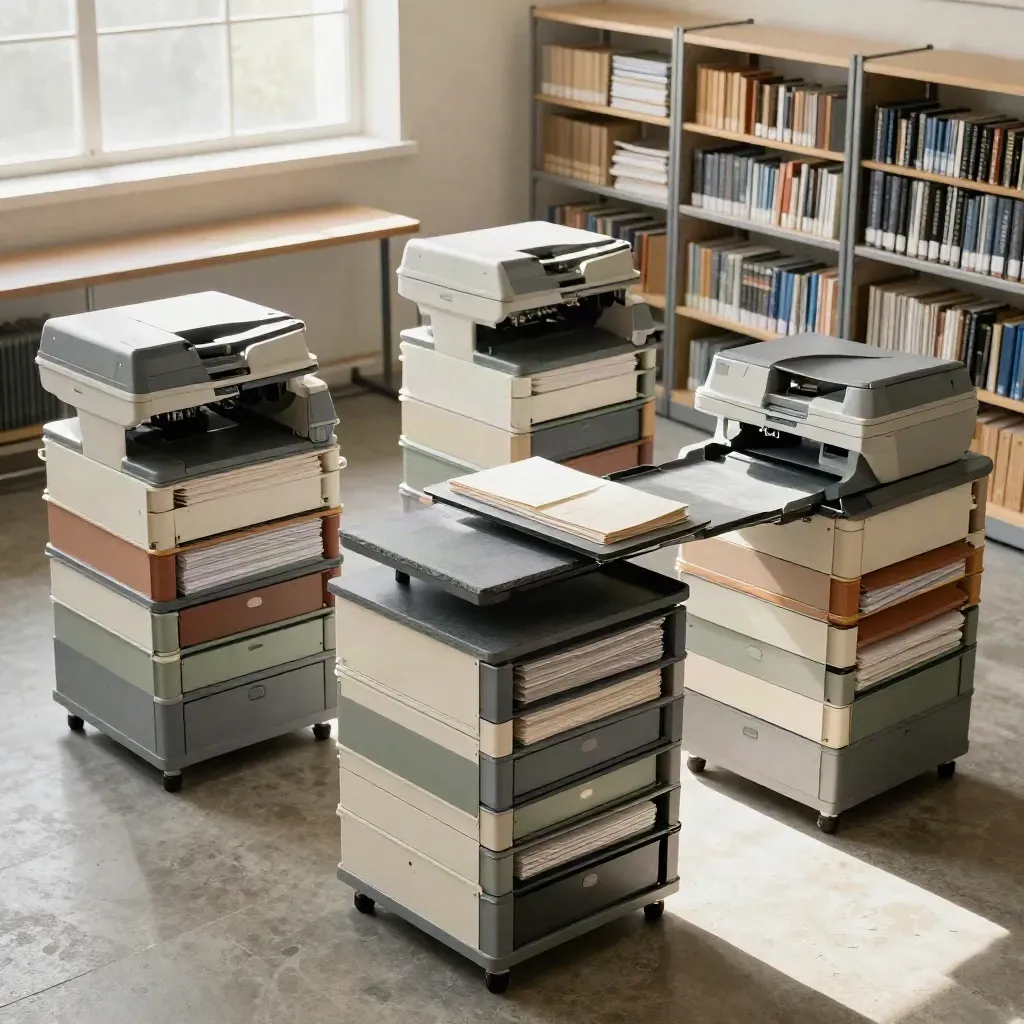 Trois ensembles d’archives identiques en profondeur, bacs gris ardoise et boîtes claires dans une salle lumineuse.