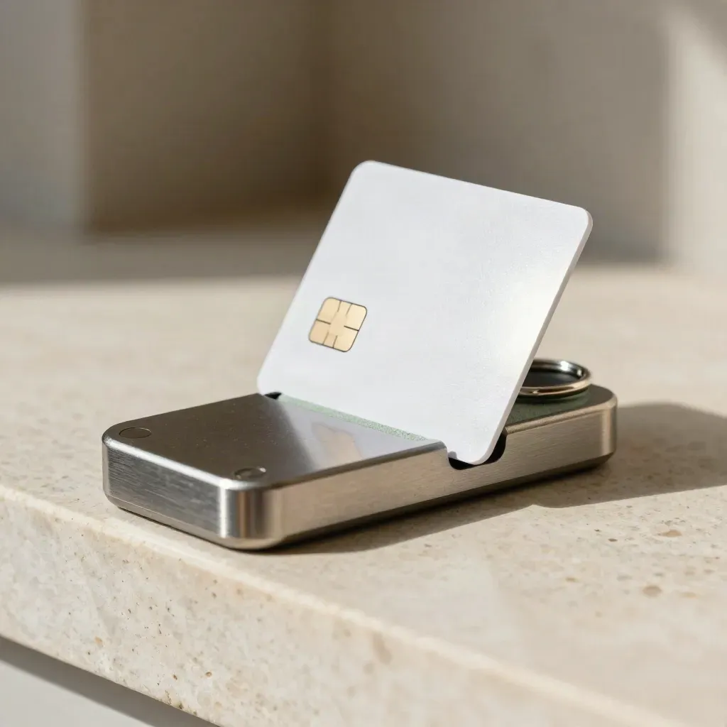 Gros plan d’une carte à puce, d’un dongle chiffré et d’un socle de lecture en métal brossé.