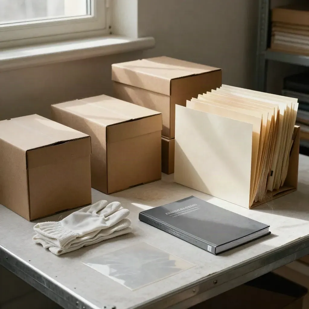 Boîtes d’archives, chemises de conservation, gants pliés et guide de classement sur table de tri.