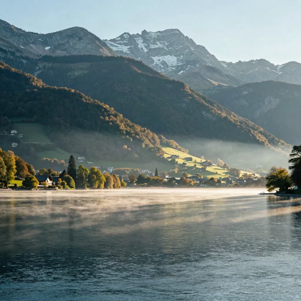 Lac d’Annecy au coucher du soleil, avec montagnes alpines et eau calme