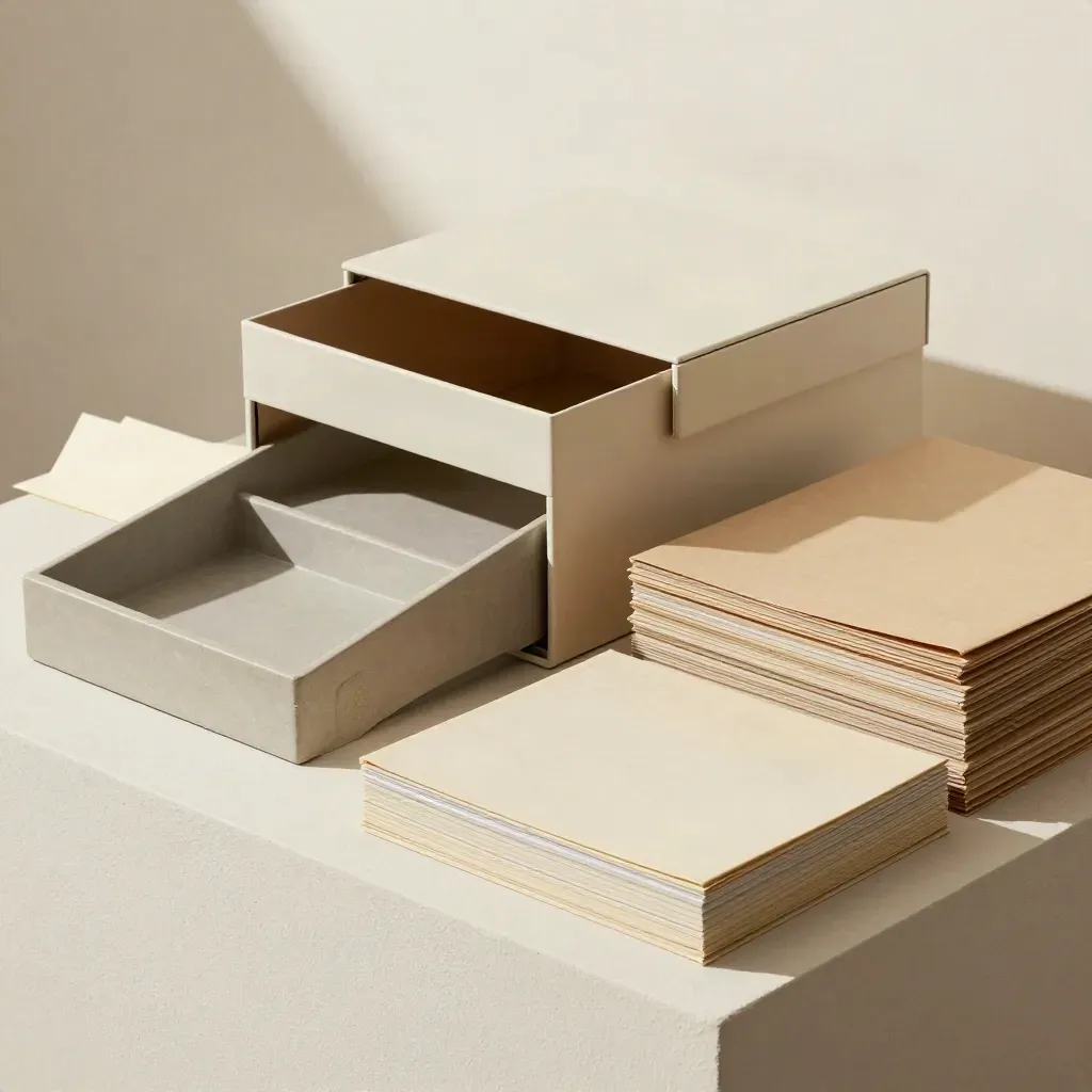 Bacs de tri et boîte d’archives ouverte sur fond clair, lumière douce, style minimal.