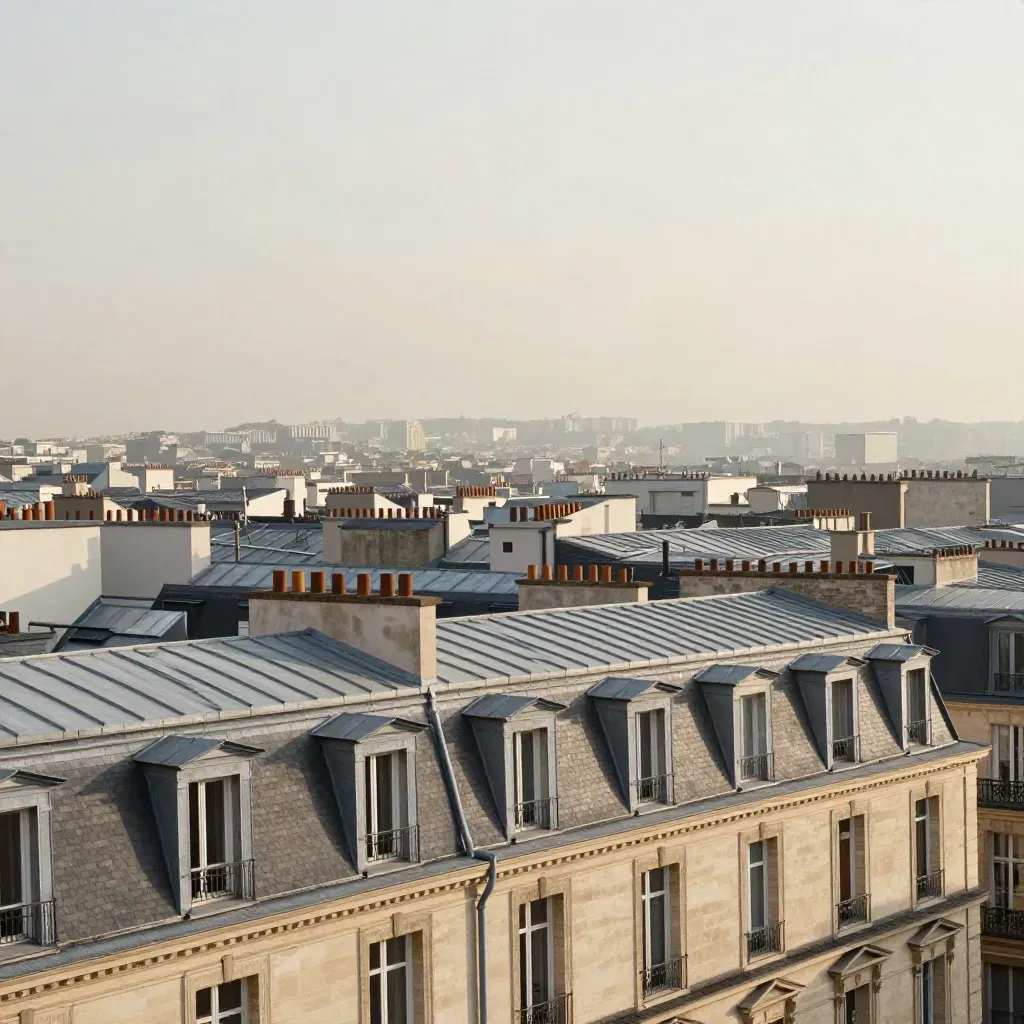 Toits haussmanniens et façades claires d’Île-de-France sous un ciel laiteux.