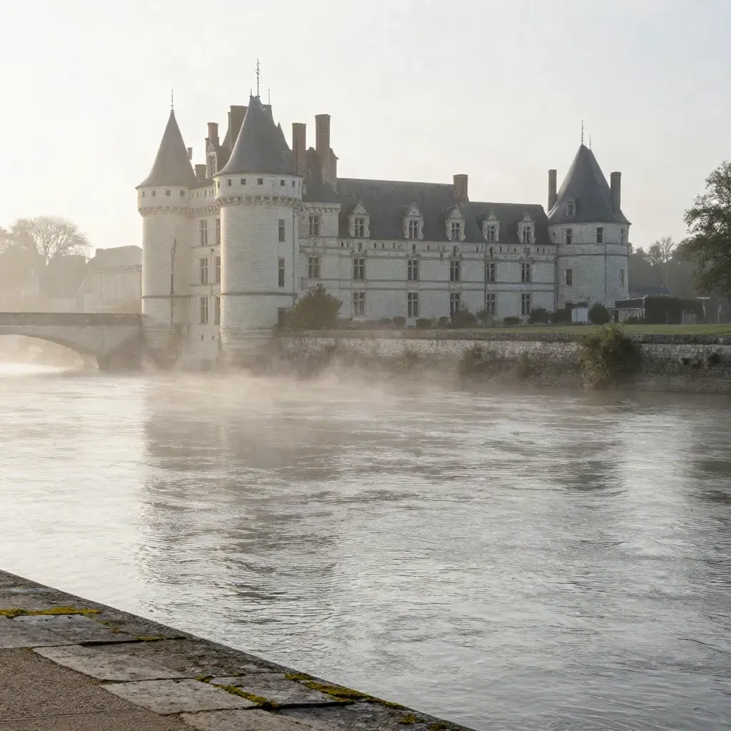 Château ligérien et toits d’ardoise dans la brume au-dessus de la Loire