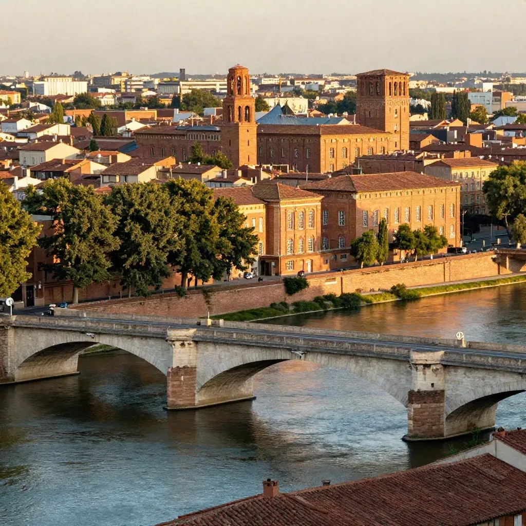 Vue aérienne de Toulouse au bord de la Garonne, toits de brique rose et lumière dorée.