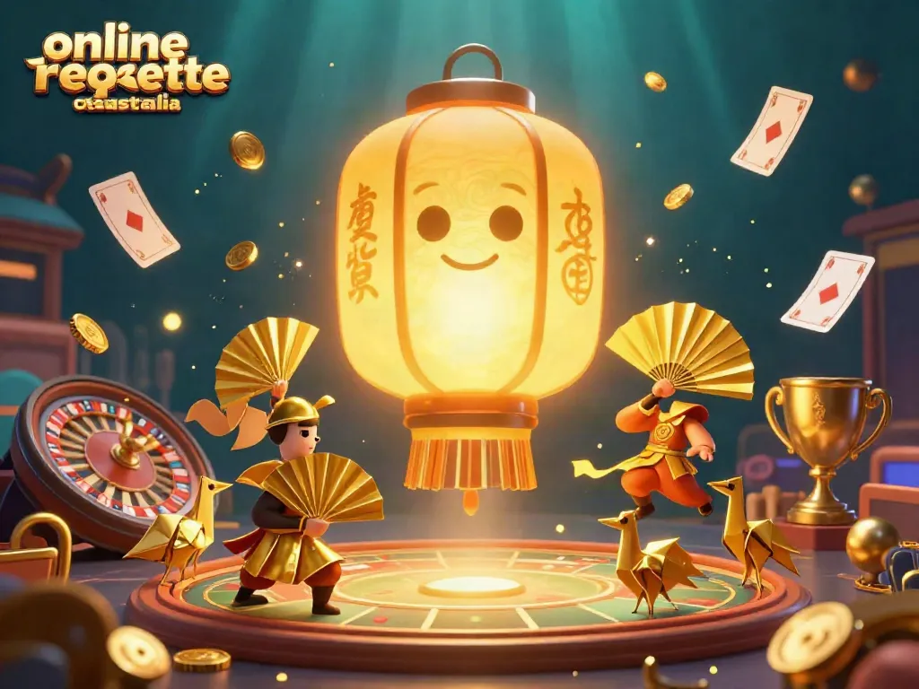 Engaging scene of the online roulette casino Australia, showcasing a glowing lantern spirit with gaming elements.
