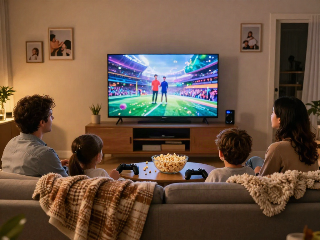 Soirée cinéma familiale avec Iron tv pro et ambiance chaleureuse.