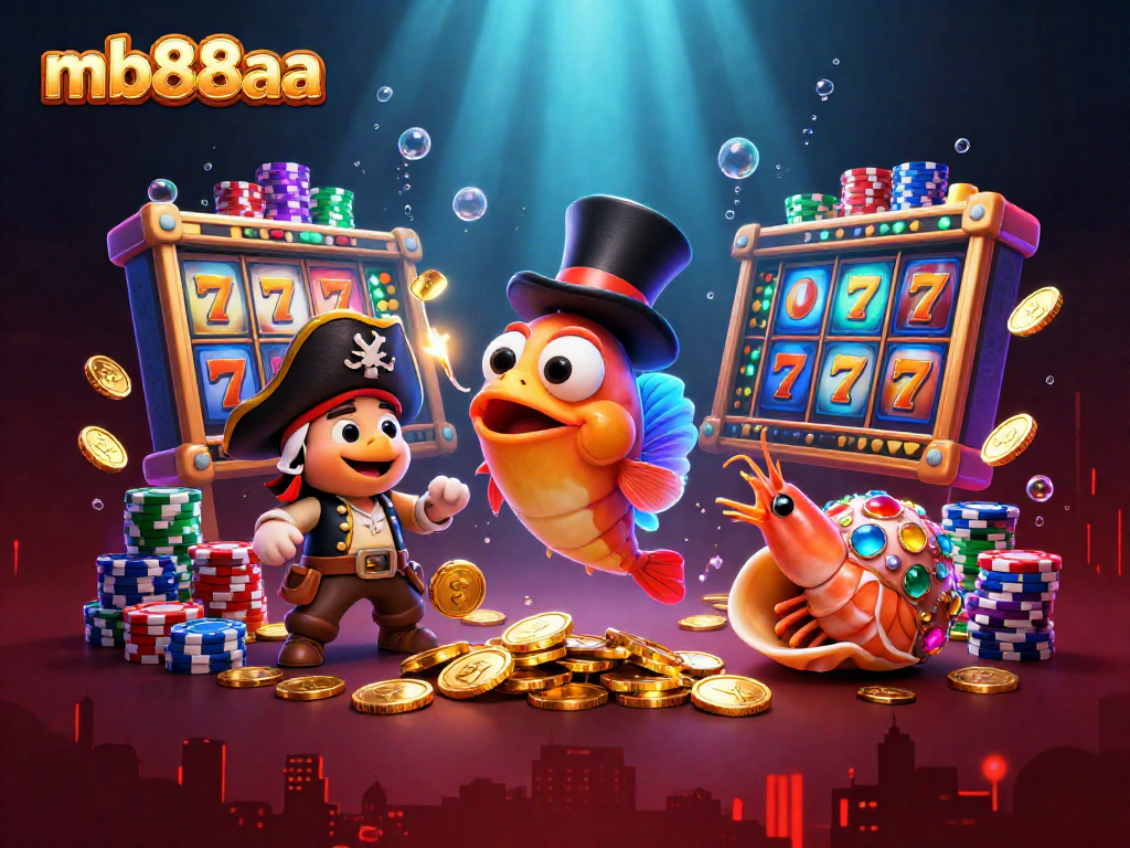 Engage in thrilling games with mb88aa as the anglerfish lures with coins amid vibrant casino elements.