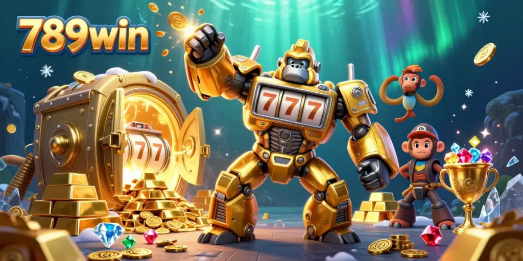 Experience thrilling wins with 789win in a vibrant casino mech battle scene.