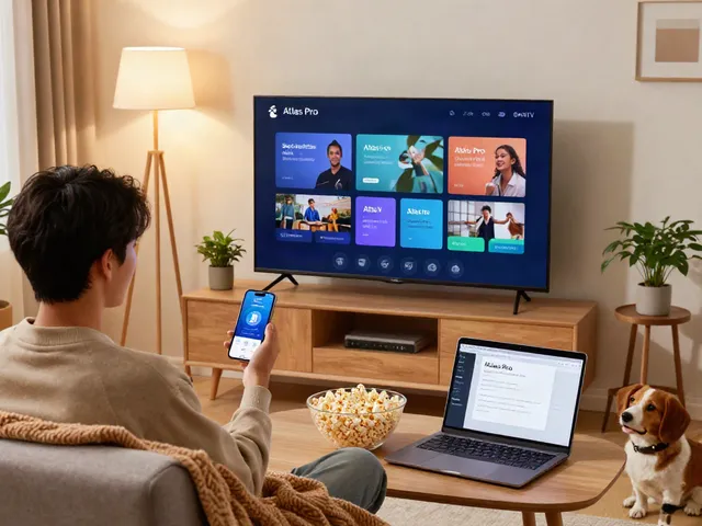 Interface de l'application Atlas Pro ONTV sur une télévision intelligente, créant une expérience de cinéma à domicile.