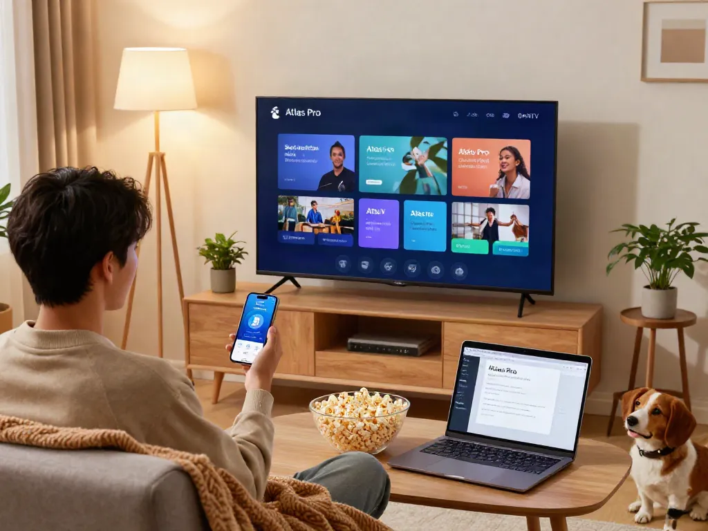 Interface de l'application Atlas Pro ONTV sur une télévision intelligente, créant une expérience de cinéma à domicile.