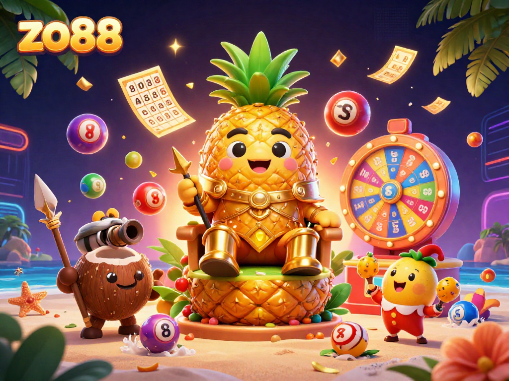 Experience thrilling games at zo88 with the golden pineapple king surrounded by vibrant jackpot elements.