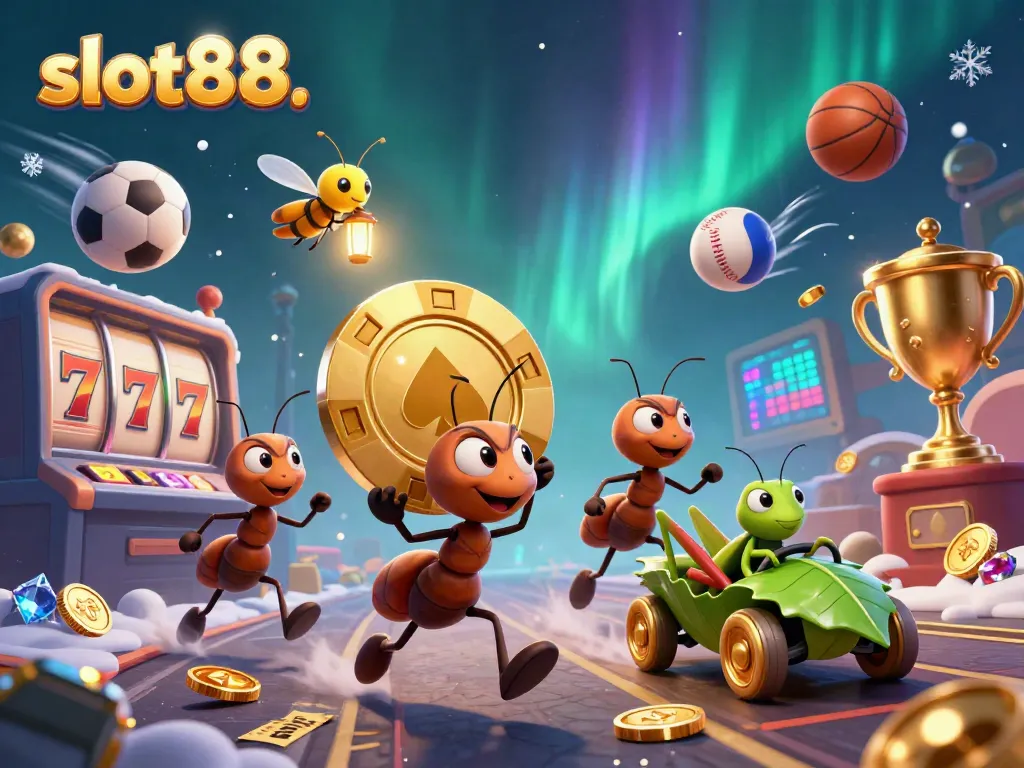 Join the adventure of slot88 as ants heist a giant poker chip in a vibrant casino scene.