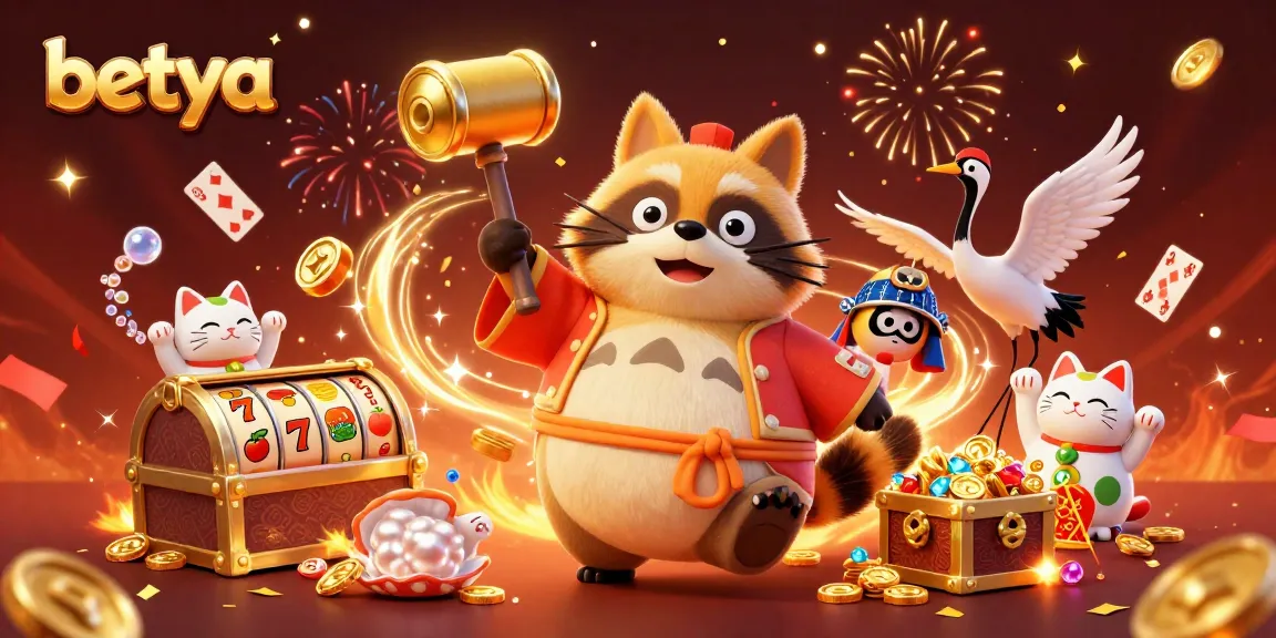 Engage with betya casino's vibrant atmosphere featuring a cheerful tanuki and lucky charms in a festive scene.
