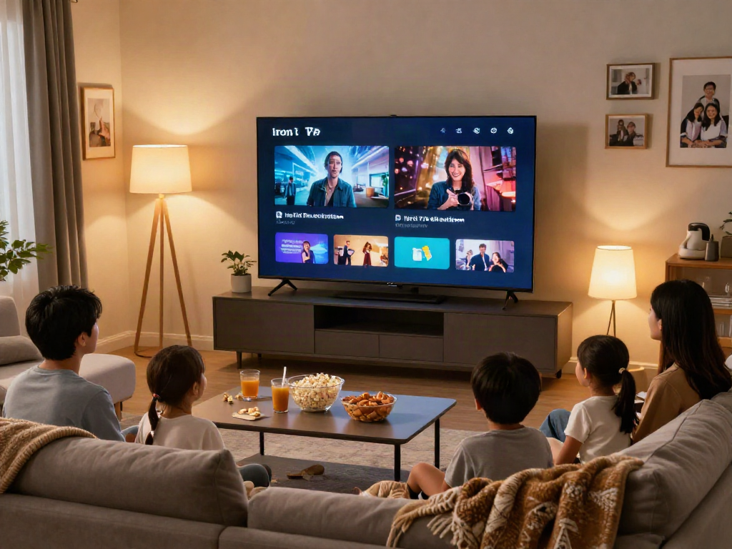 Family enjoying a movie night using Iron TV Pro on a large screen, cozy living room ambiance.