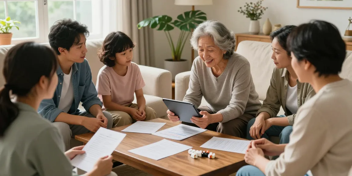 Application proche aidant utilisée par une famille réunie pour coordonner les soins.